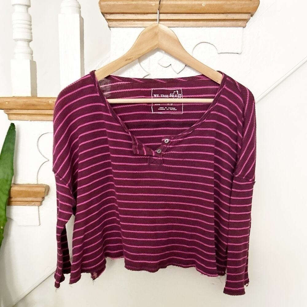 Free People We the Free Garvey Purple Stripe Cotton Blend Henley Top Size Small